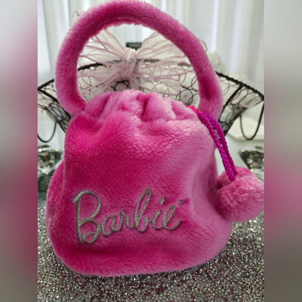 Vintage 1996 Pink Faux Fur Matell Barbie Drawstring Bag Purse Pom Poms